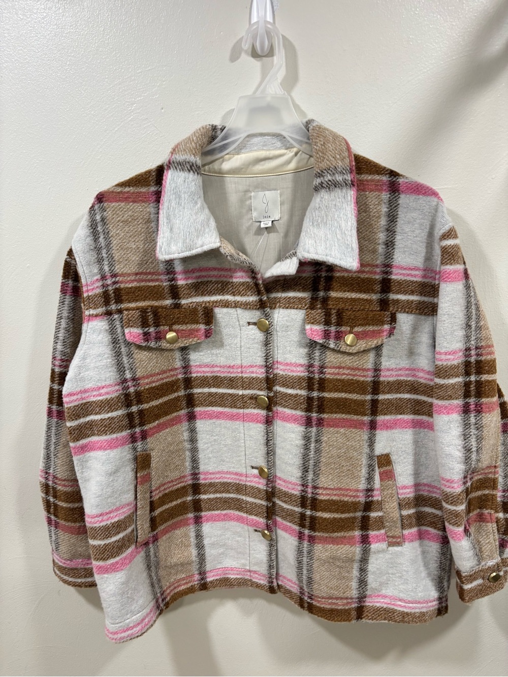 Joie Plaid Women's Utility Jacket in Brown, Pink & White Size XL